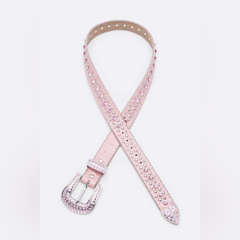 Pink Genuine Leather Crystal Studded Western Statement Belt - Picture 2 of 2